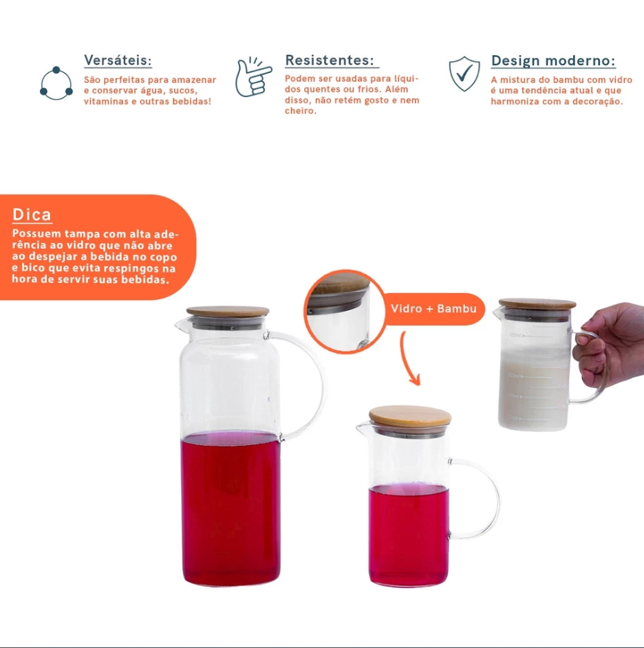 Kit 3 Jarras de Vidro Borossilicato com Tampa de Bambu | Para Sucos e Bebidas Casa Trezz