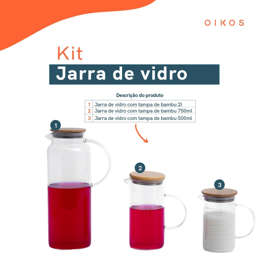 Kit 3 Jarras de Vidro Borossilicato com Tampa de Bambu | Para Sucos e Bebidas Casa Trezz