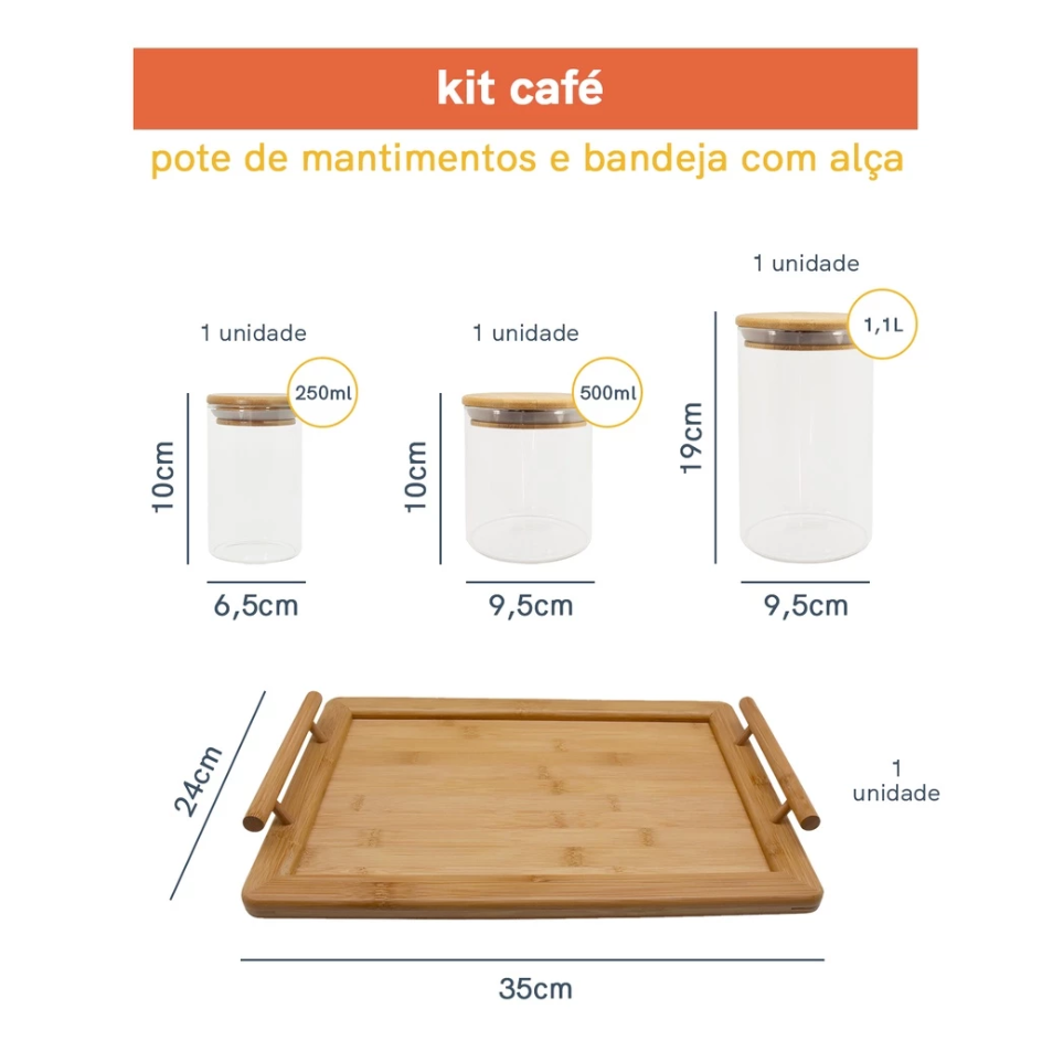 Kit Café Completo em Bambu | Bandeja e Potes para Armazenamento Casa Trezz