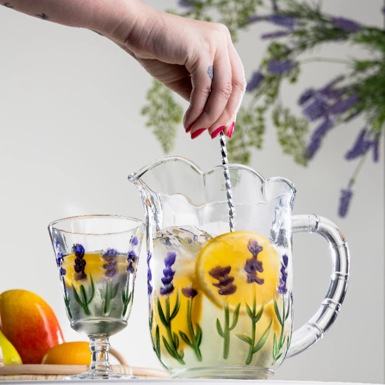 Jarra de Cristal 1,3L e 6 Taças | Design Lavanda Pintado à Mão | Casa Trezz