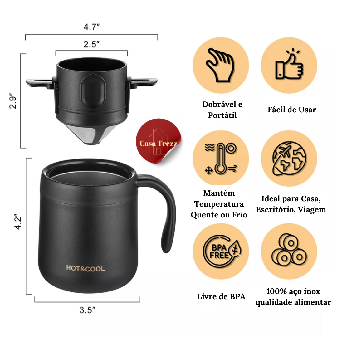 Conjunto Filtro e Caneca ou Copo Térmico em Aço Inox | Café e Chá com Casa Trezz