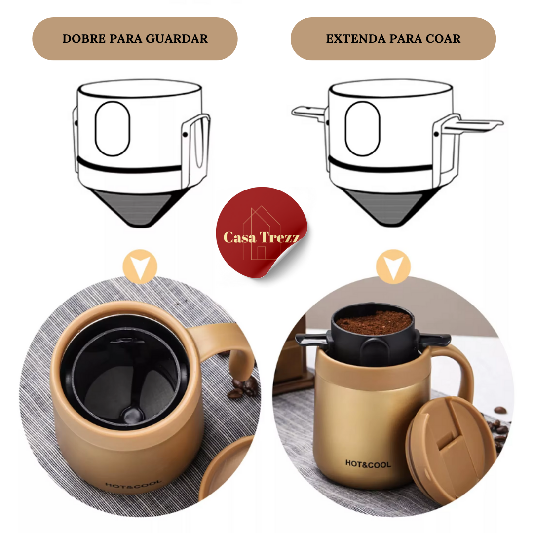Conjunto Filtro e Caneca ou Copo Térmico em Aço Inox | Café e Chá com Casa Trezz