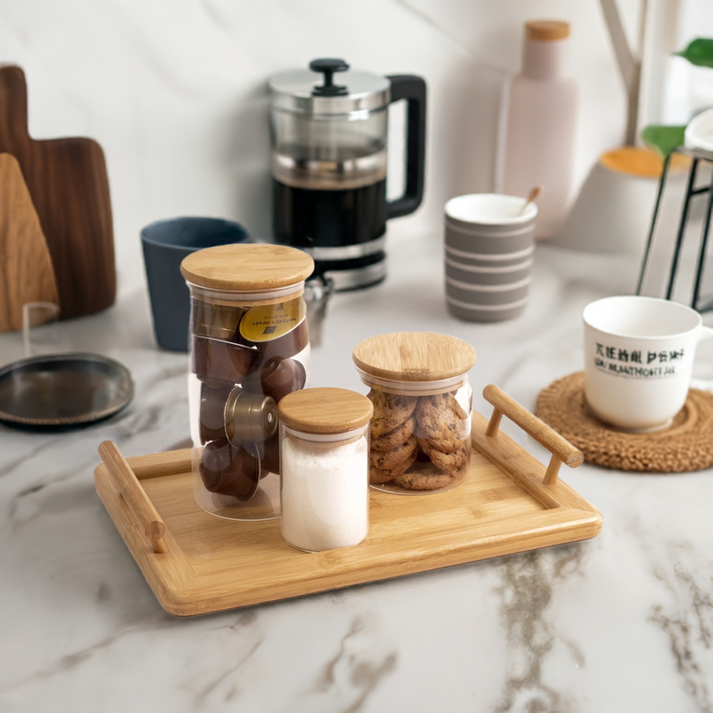 Kit Café Completo em Bambu | Bandeja e Potes para Armazenamento Casa Trezz