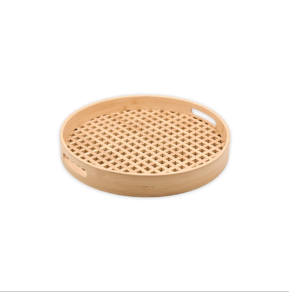 Bandeja de Bambu Redonda Vazada 35 cm | Elegância Natural para Servir e Decorar Casa Trezz