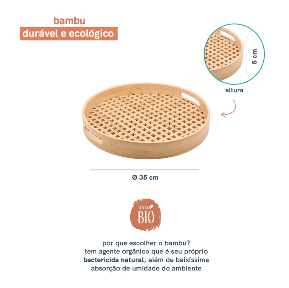 Bandeja de Bambu Redonda Vazada 35 cm | Elegância Natural para Servir e Decorar Casa Trezz