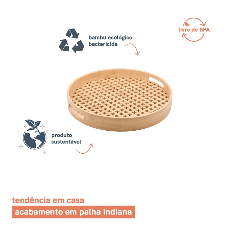 Bandeja de Bambu Redonda Vazada 35 cm | Elegância Natural para Servir e Decorar Casa Trezz