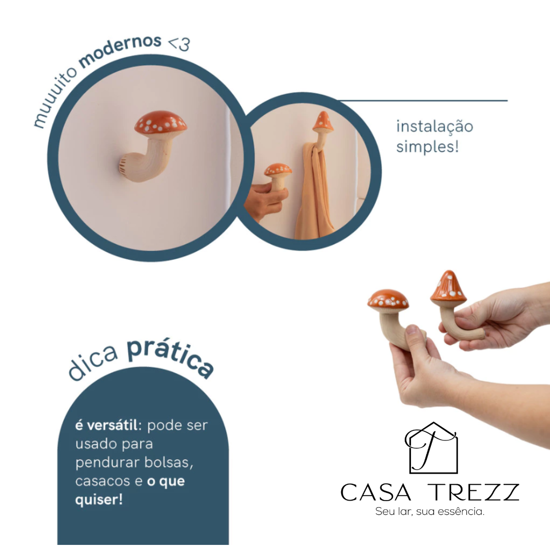 Kit 2 Ganchos de Cogumelo de Cerâmica Resistentes para Decoração Casa Trezz