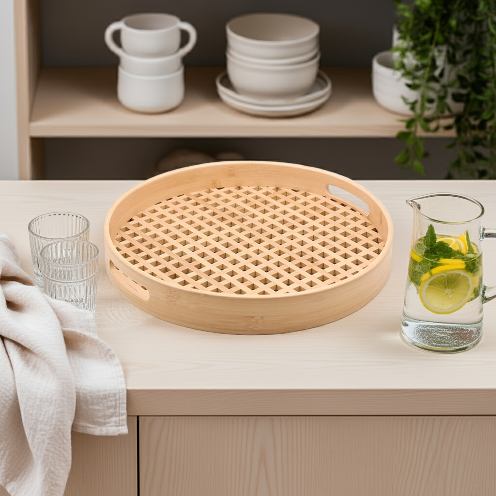 Bandeja de Bambu Redonda Vazada 35 cm | Elegância Natural para Servir e Decorar Casa Trezz