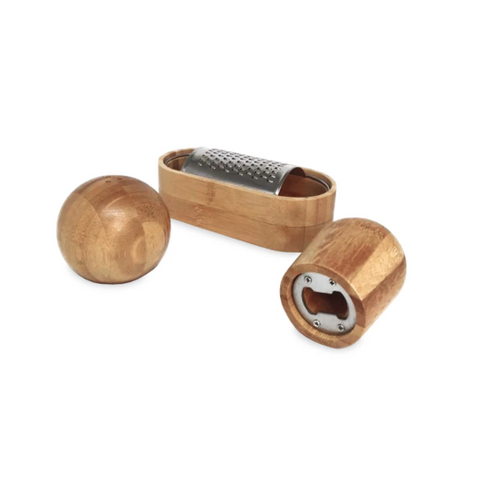 Conjunto de Utensílios de Bambu para Cozinha Casa Trezz: Ralador, Abridor e Saleiro