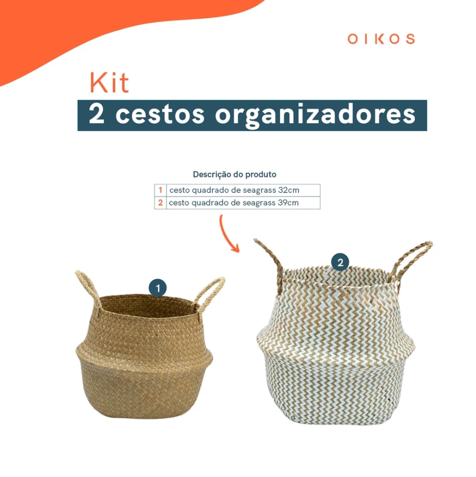 Kit 2 Cestos Organizadores Multiuso Decorativo Branco e Natural Seagrass