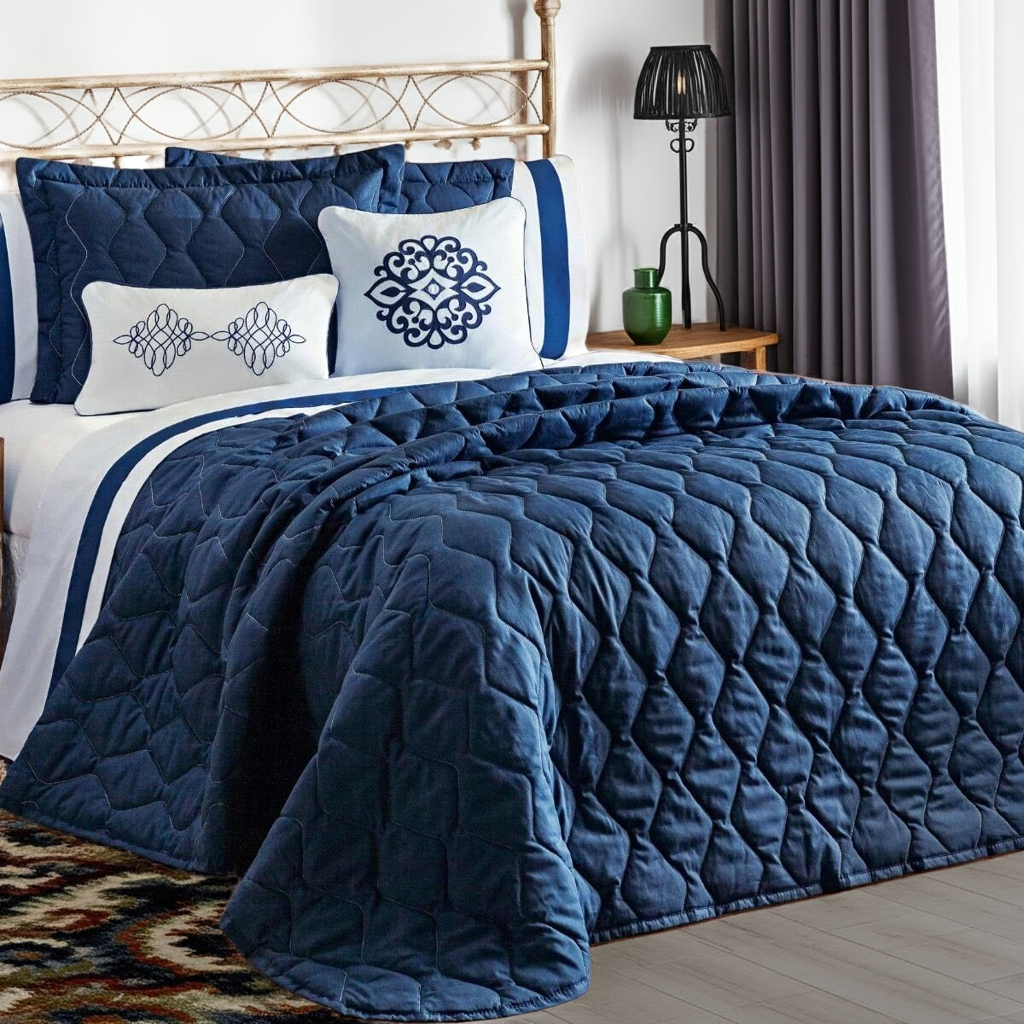 Cobre Leito Queen Marrocos 180 Fios Azul | Kit 7 Peças em Percal | Elegância e Conforto Casa Trezz