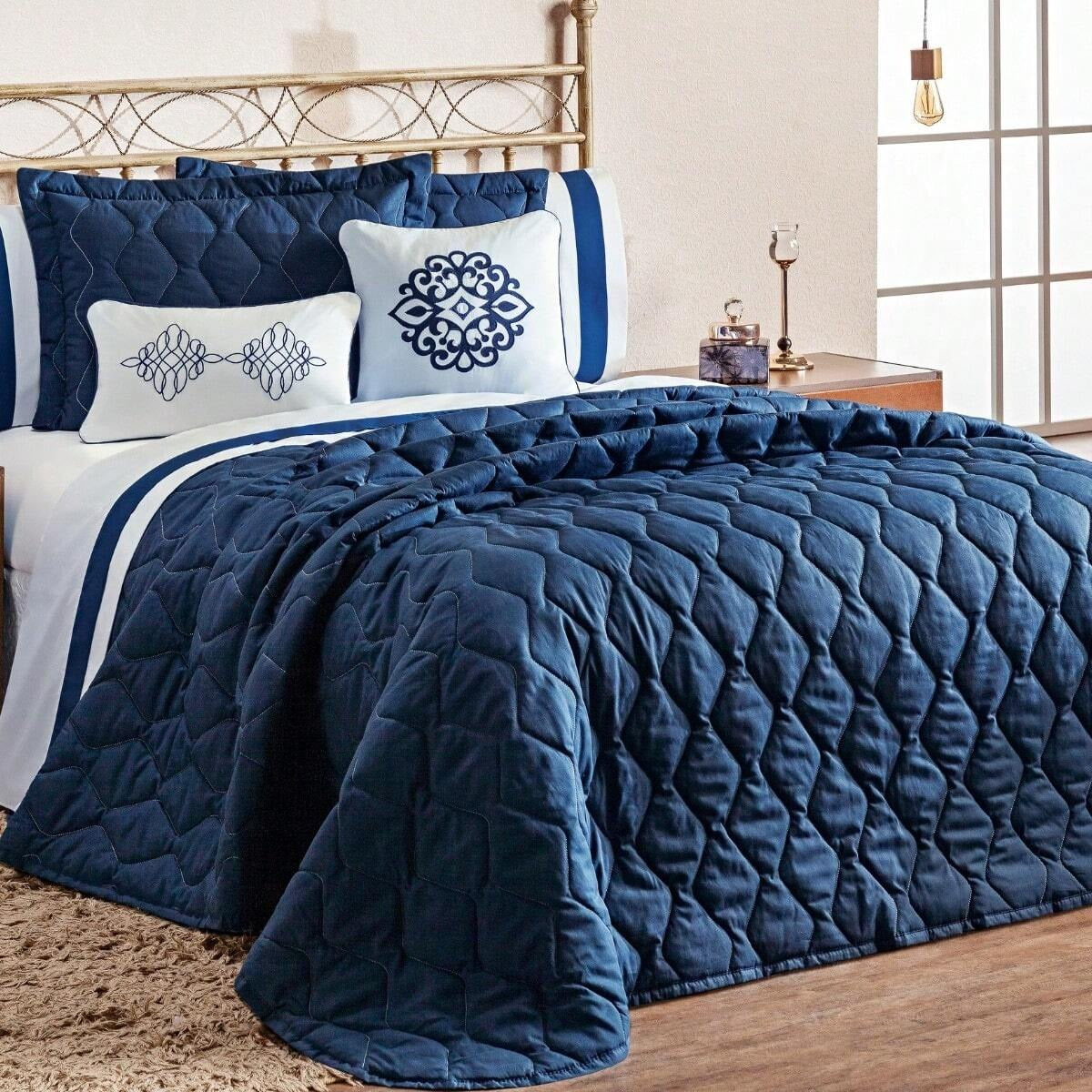 Cobre Leito Queen Marrocos 180 Fios Azul | Kit 7 Peças em Percal | Elegância e Conforto Casa Trezz
