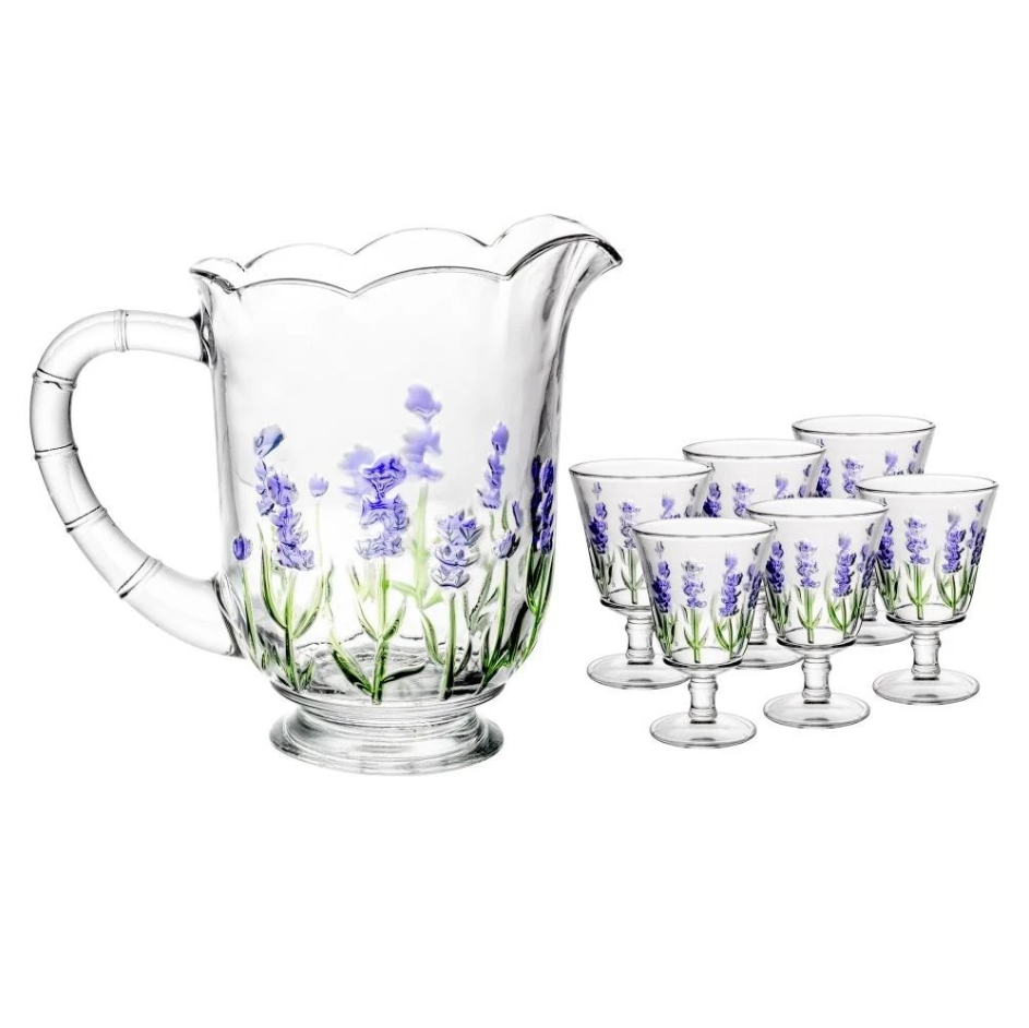 Jarra de Cristal 1,3L e 6 Taças | Design Lavanda Pintado à Mão | Casa Trezz