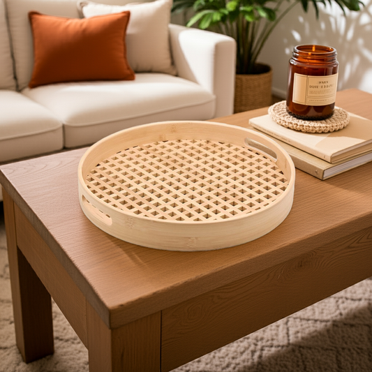 Bandeja de Bambu Redonda Vazada 35 cm | Elegância Natural para Servir e Decorar Casa Trezz